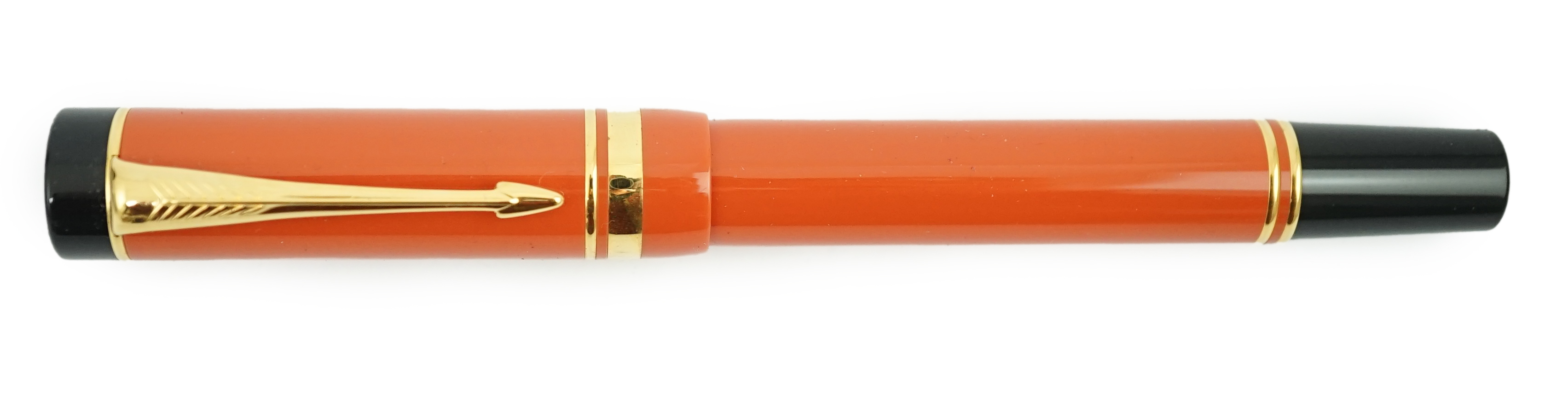 A Parker Duofold orange international fountain pen, in cherry wood presentation case